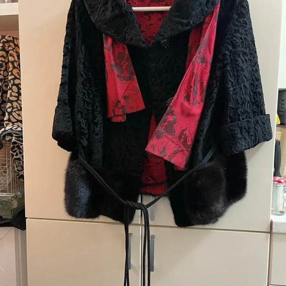 Vtg Jackets & Blazers - Vintage Black Persian Curly Lamb Black Mink Trim Fur Jacket Small Short scarf
